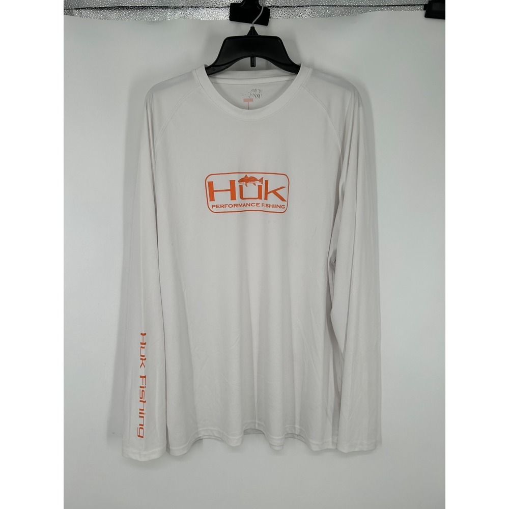 Huk Fishing T Shirt Mens 2XL White Graphic Tee Long Sleeve Performance Orange‎